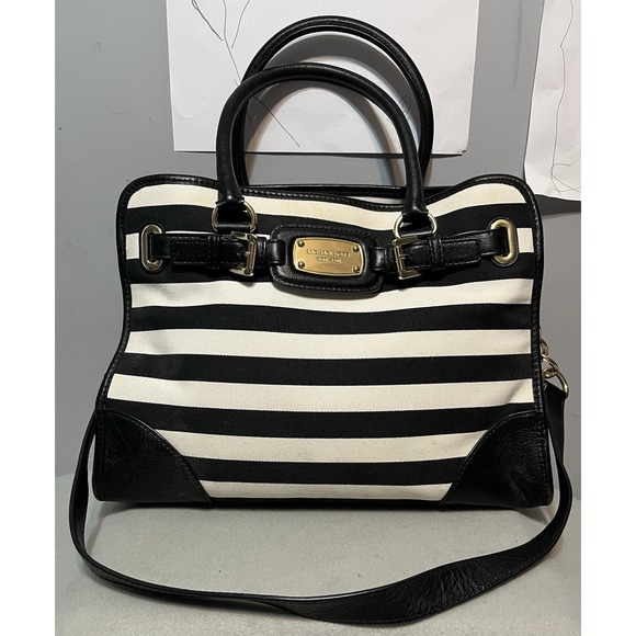 Michael Kors Hamilton Large Black White Striped Tote Bag 13.5x5x11" Retail $368 - Picture 1 of 16